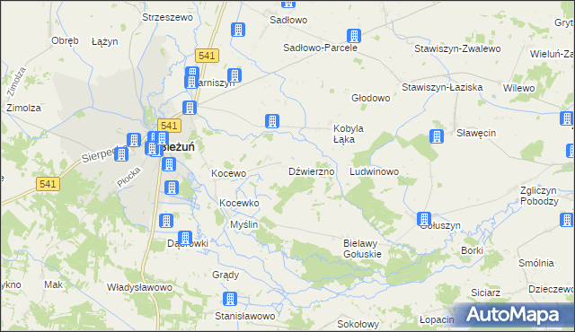 mapa Dźwierzno gmina Bieżuń, Dźwierzno gmina Bieżuń na mapie Targeo