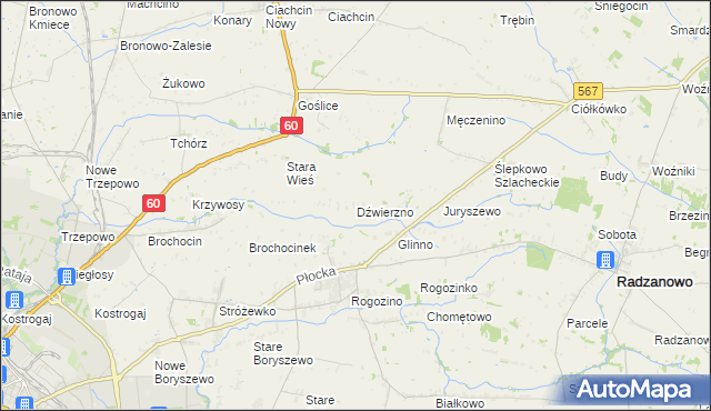 mapa Dźwierzno gmina Radzanowo, Dźwierzno gmina Radzanowo na mapie Targeo