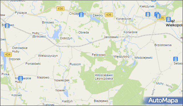 mapa Feliksowo gmina Książ Wielkopolski, Feliksowo gmina Książ Wielkopolski na mapie Targeo