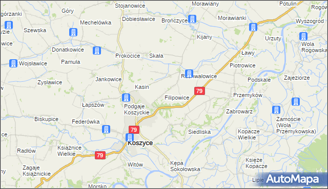 mapa Filipowice gmina Koszyce, Filipowice gmina Koszyce na mapie Targeo