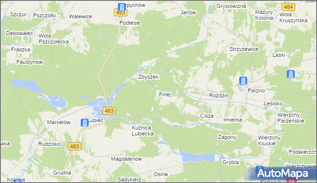 mapa Firlej gmina Szczerców, Firlej gmina Szczerców na mapie Targeo
