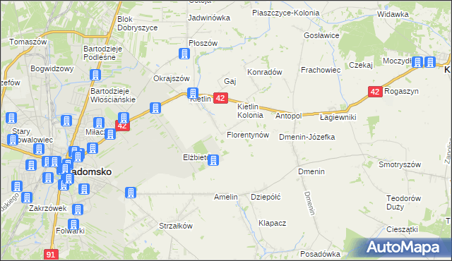 mapa Florentynów gmina Kodrąb, Florentynów gmina Kodrąb na mapie Targeo