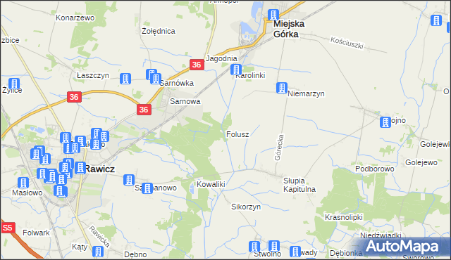 mapa Folusz gmina Rawicz, Folusz gmina Rawicz na mapie Targeo