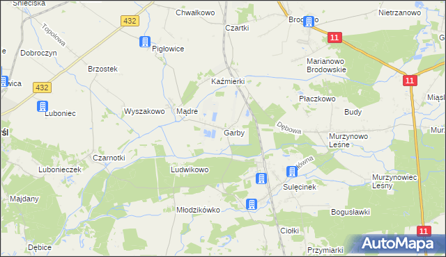 mapa Garby gmina Krzykosy, Garby gmina Krzykosy na mapie Targeo