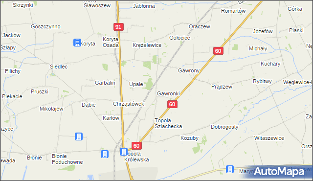 mapa Gawronki gmina Łęczyca, Gawronki gmina Łęczyca na mapie Targeo