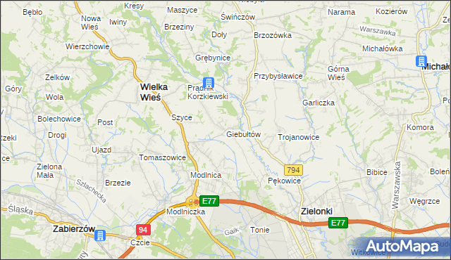 mapa Giebułtów gmina Wielka Wieś, Giebułtów gmina Wielka Wieś na mapie Targeo