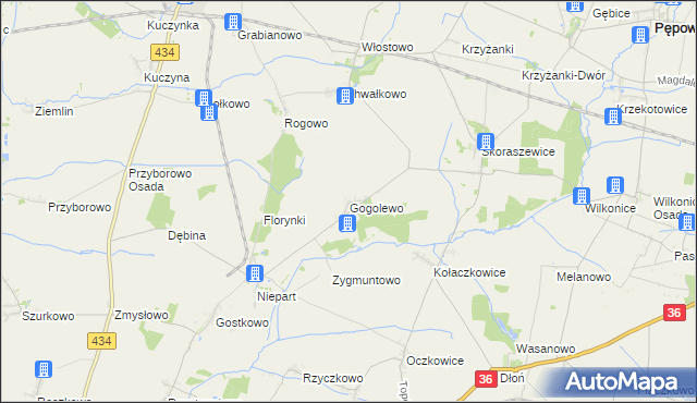 mapa Gogolewo gmina Krobia, Gogolewo gmina Krobia na mapie Targeo