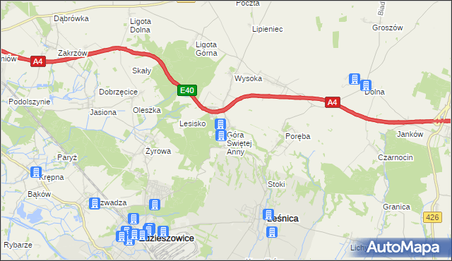 mapa Góra Świętej Anny gmina Leśnica, Góra Świętej Anny gmina Leśnica na mapie Targeo