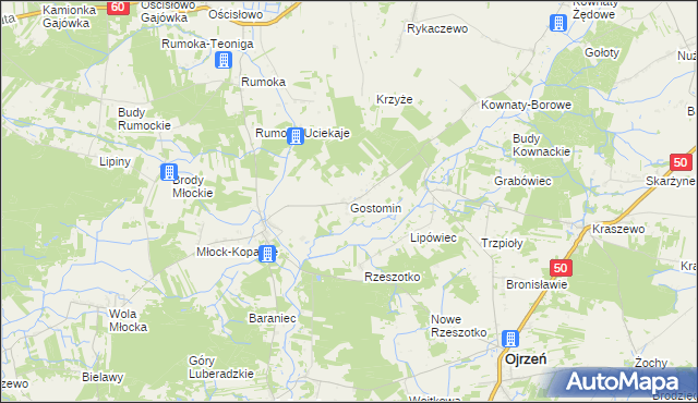 mapa Gostomin gmina Ojrzeń, Gostomin gmina Ojrzeń na mapie Targeo