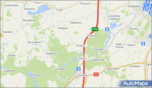 mapa Goszyn gmina Tczew, Goszyn gmina Tczew na mapie Targeo