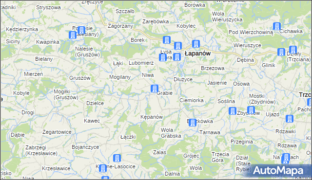 mapa Grabie gmina Łapanów, Grabie gmina Łapanów na mapie Targeo