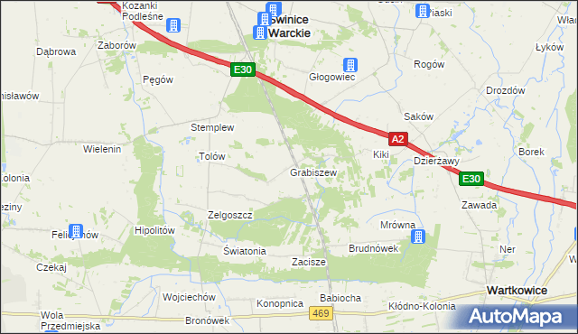 mapa Grabiszew gmina Wartkowice, Grabiszew gmina Wartkowice na mapie Targeo