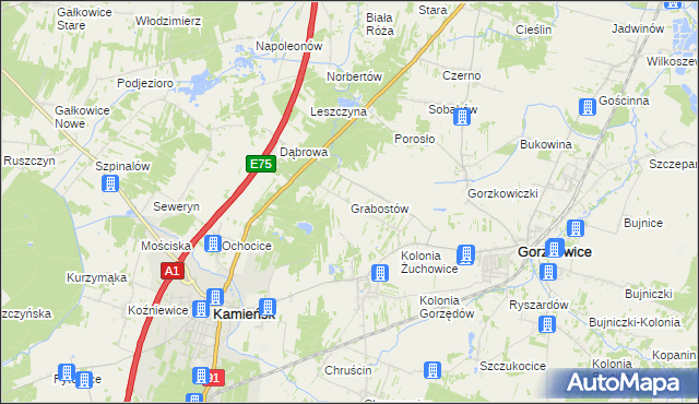 mapa Grabostów gmina Gorzkowice, Grabostów gmina Gorzkowice na mapie Targeo