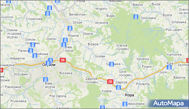 mapa Gródek gmina Grybów, Gródek gmina Grybów na mapie Targeo