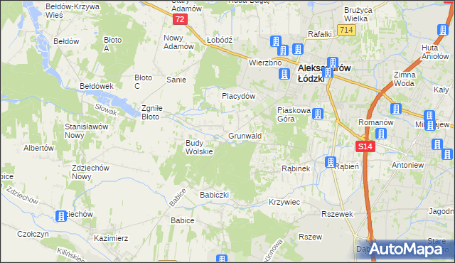 mapa Grunwald gmina Aleksandrów Łódzki, Grunwald gmina Aleksandrów Łódzki na mapie Targeo