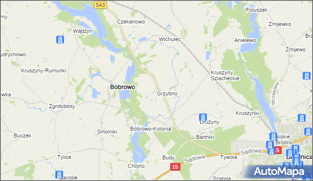mapa Grzybno gmina Bobrowo, Grzybno gmina Bobrowo na mapie Targeo