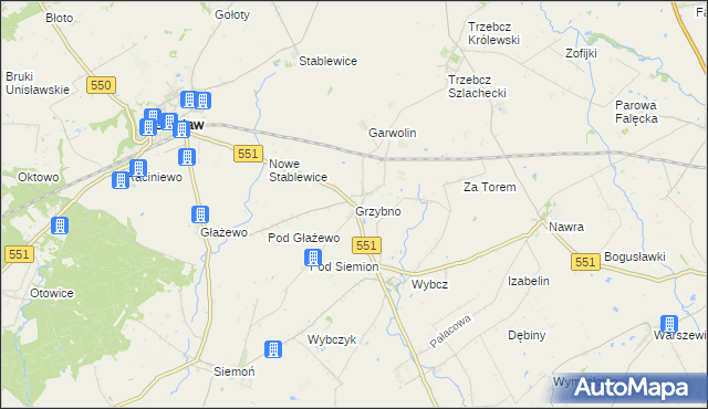 mapa Grzybno gmina Unisław, Grzybno gmina Unisław na mapie Targeo