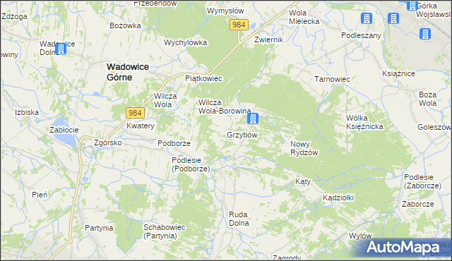 mapa Grzybów gmina Wadowice Górne, Grzybów gmina Wadowice Górne na mapie Targeo