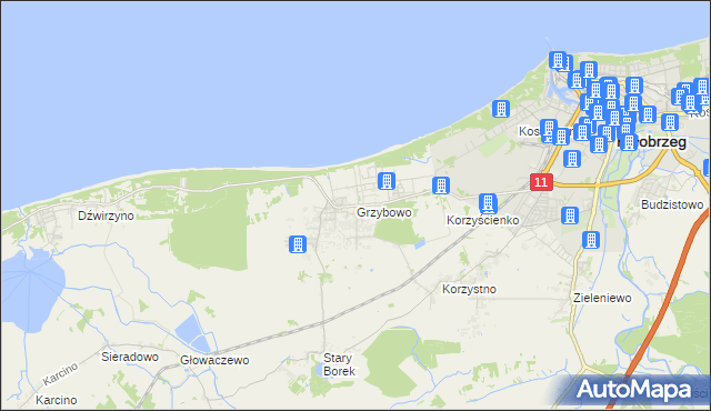 mapa Grzybowo gmina Kołobrzeg, Grzybowo gmina Kołobrzeg na mapie Targeo