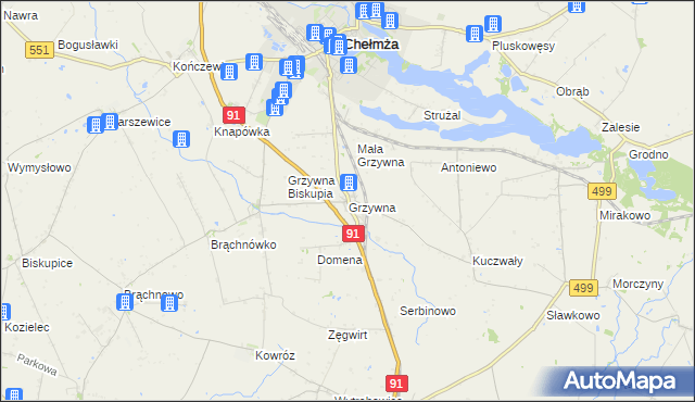 mapa Grzywna gmina Chełmża, Grzywna gmina Chełmża na mapie Targeo