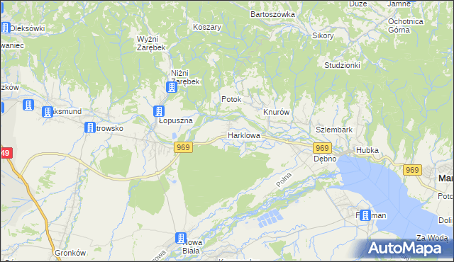 mapa Harklowa gmina Nowy Targ, Harklowa gmina Nowy Targ na mapie Targeo