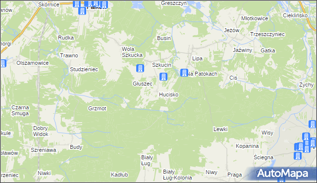 mapa Hucisko gmina Ruda Maleniecka, Hucisko gmina Ruda Maleniecka na mapie Targeo