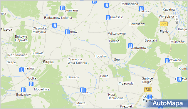 mapa Hucisko gmina Słupia Konecka, Hucisko gmina Słupia Konecka na mapie Targeo