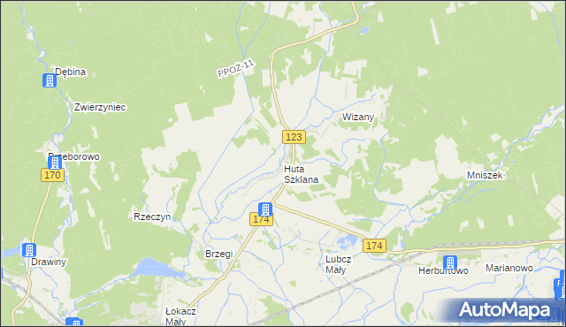 mapa Huta Szklana gmina Krzyż Wielkopolski, Huta Szklana gmina Krzyż Wielkopolski na mapie Targeo