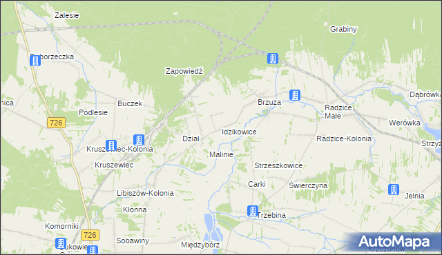 mapa Idzikowice gmina Drzewica, Idzikowice gmina Drzewica na mapie Targeo