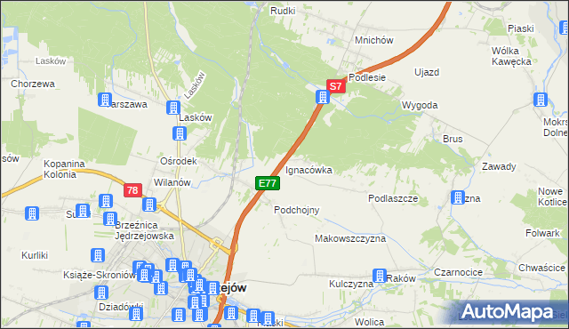 mapa Ignacówka gmina Jędrzejów, Ignacówka gmina Jędrzejów na mapie Targeo