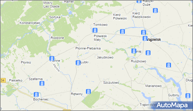 mapa Jakubkowo gmina Radomin, Jakubkowo gmina Radomin na mapie Targeo