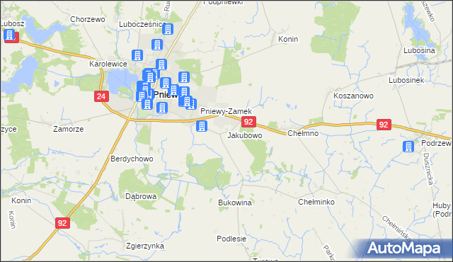 mapa Jakubowo gmina Pniewy, Jakubowo gmina Pniewy na mapie Targeo
