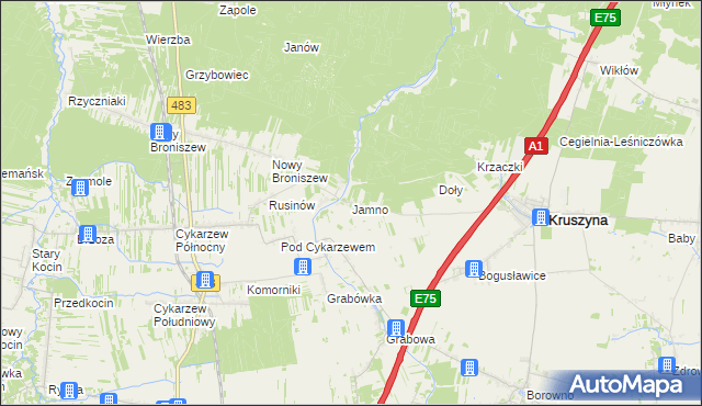 mapa Jamno gmina Mykanów, Jamno gmina Mykanów na mapie Targeo