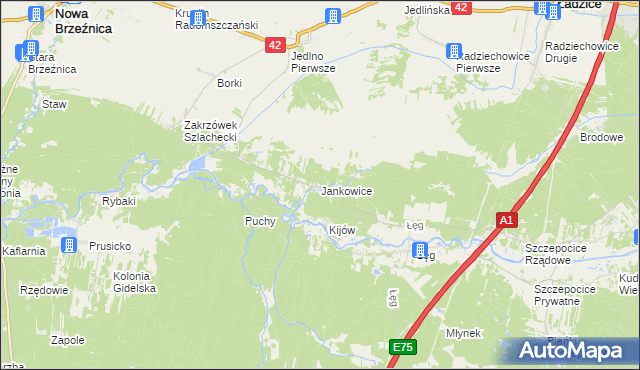mapa Jankowice gmina Ładzice, Jankowice gmina Ładzice na mapie Targeo