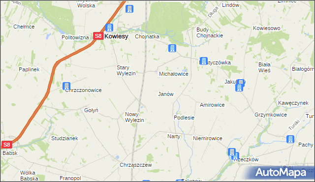 mapa Janów gmina Kowiesy, Janów gmina Kowiesy na mapie Targeo