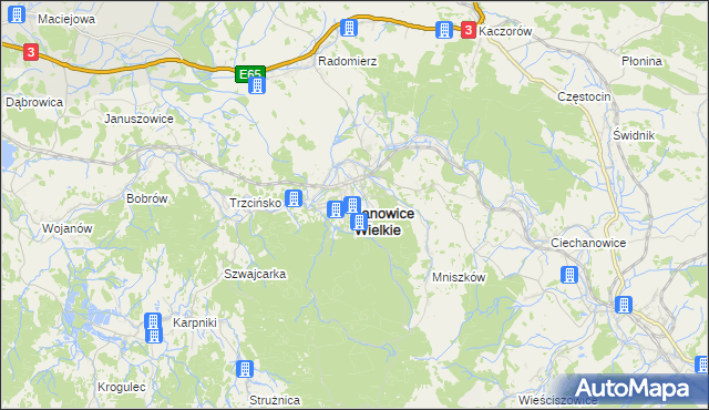 mapa Janowice Wielkie, Janowice Wielkie na mapie Targeo