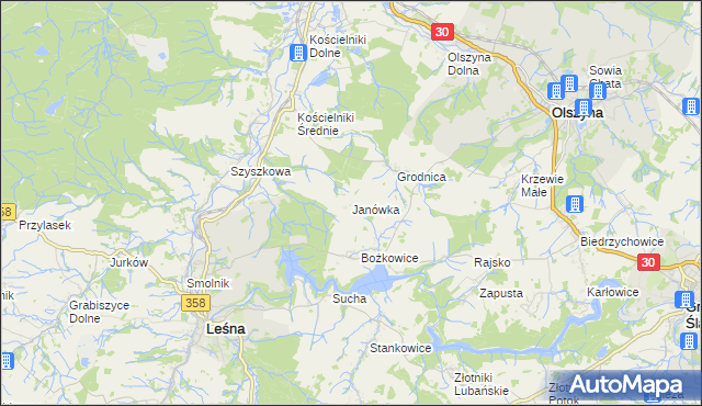 mapa Janówka gmina Leśna, Janówka gmina Leśna na mapie Targeo