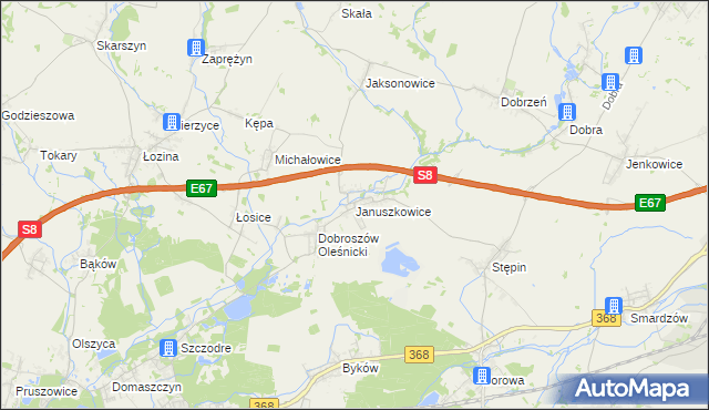 mapa Januszkowice gmina Długołęka, Januszkowice gmina Długołęka na mapie Targeo