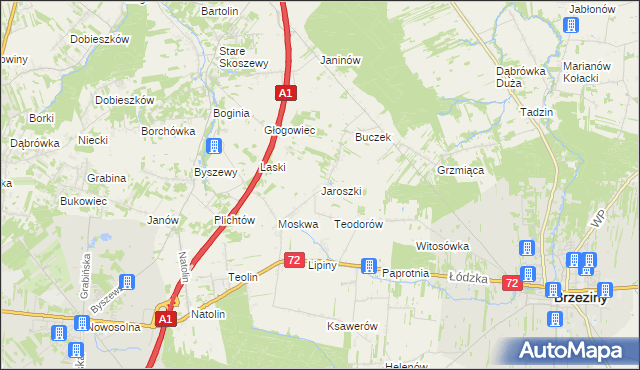 mapa Jaroszki gmina Brzeziny, Jaroszki gmina Brzeziny na mapie Targeo