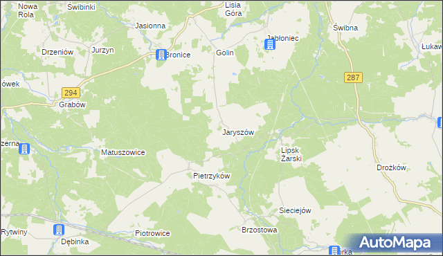 mapa Jaryszów gmina Jasień, Jaryszów gmina Jasień na mapie Targeo
