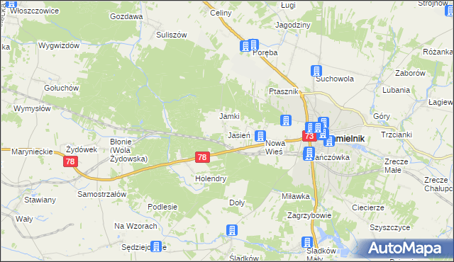 mapa Jasień gmina Chmielnik, Jasień gmina Chmielnik na mapie Targeo