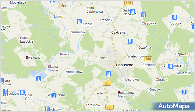 mapa Jasień gmina Łopuszno, Jasień gmina Łopuszno na mapie Targeo