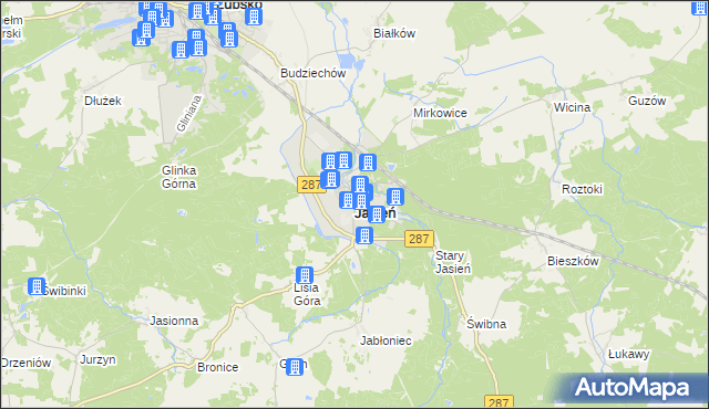 mapa Jasień powiat żarski, Jasień powiat żarski na mapie Targeo