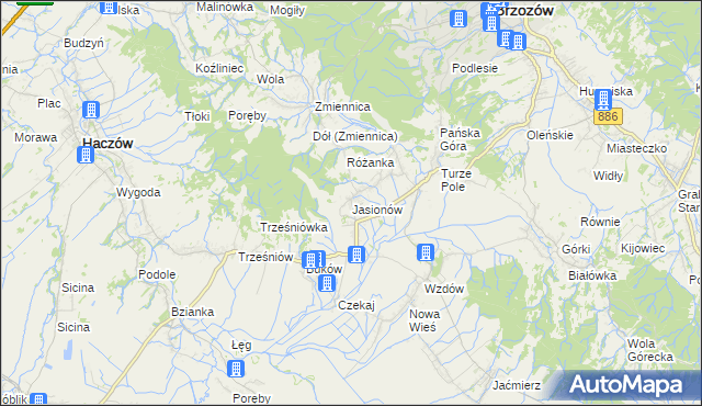 mapa Jasionów gmina Haczów, Jasionów gmina Haczów na mapie Targeo