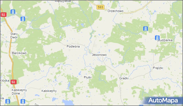 mapa Jesionowo gmina Dobre Miasto, Jesionowo gmina Dobre Miasto na mapie Targeo