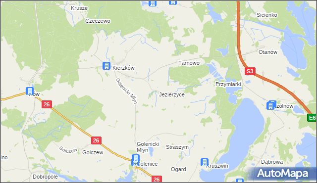 mapa Jezierzyce gmina Myślibórz, Jezierzyce gmina Myślibórz na mapie Targeo