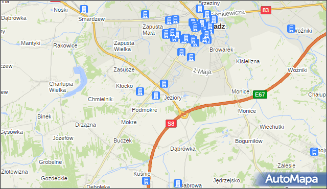 mapa Jeziory gmina Sieradz, Jeziory gmina Sieradz na mapie Targeo