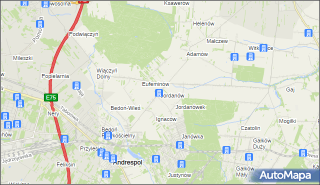 mapa Jordanów gmina Brzeziny, Jordanów gmina Brzeziny na mapie Targeo