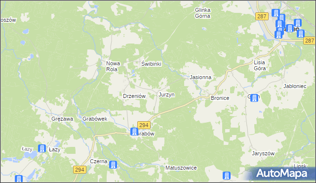 mapa Jurzyn gmina Jasień, Jurzyn gmina Jasień na mapie Targeo