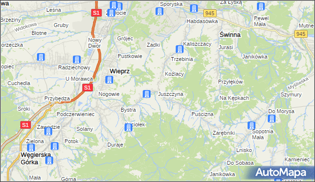 mapa Juszczyna, Juszczyna na mapie Targeo